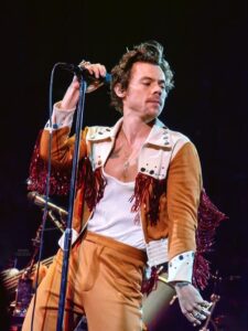 Harry Styles on stage in white and brown outfit