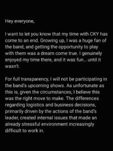 Mike Leon Instagram message about leaving CKY