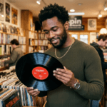 Man in a record store looking at vinyl record