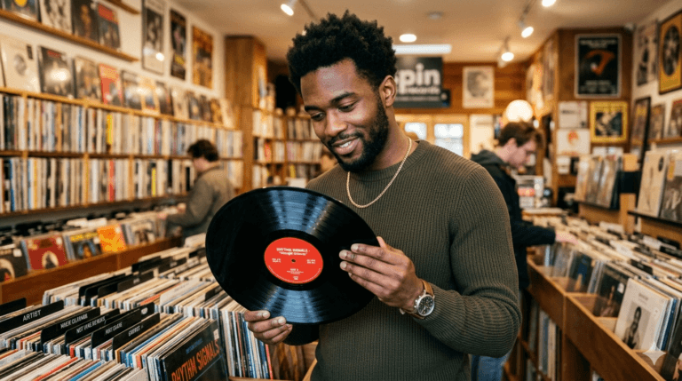 Man in a record store looking at vinyl record