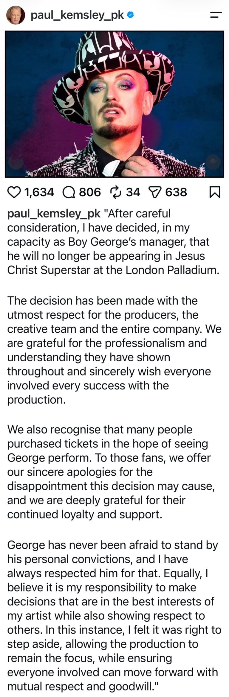 Boy George Manager's statement regarding Jesus Christ Superstar